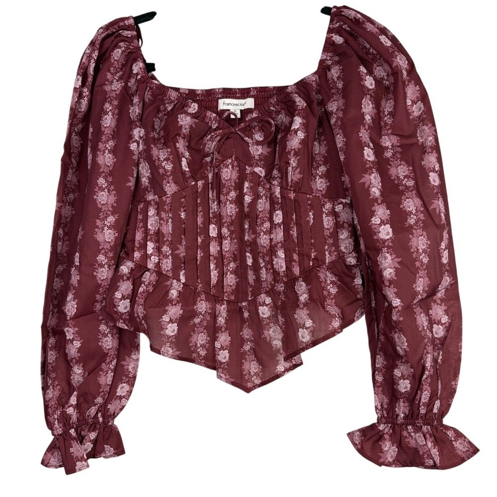 Francescas Burgundy‎ Floral Corset Top Long Sleeve Smocked Blouse Small NWT $46